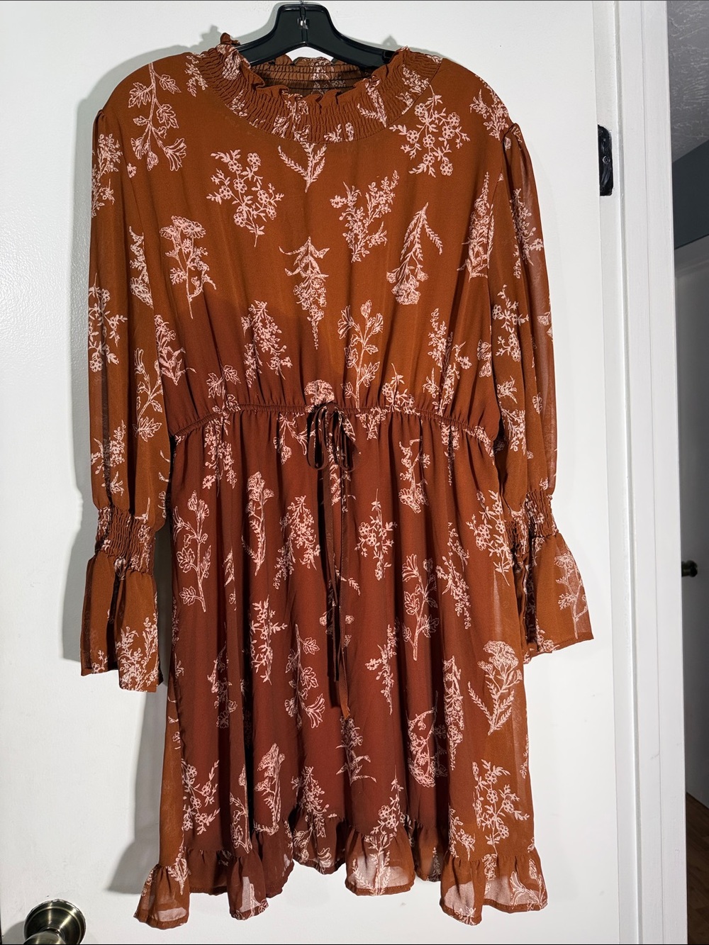 SHEIN 1X Rust Floral Long Sleeve Smocked Waist Dress